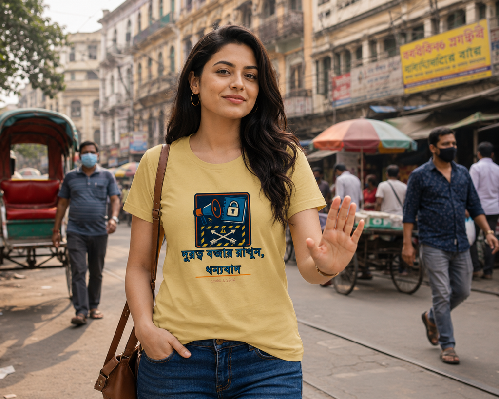 LUCE & SETE GPT mockup 1 - দূরত্ব বজায় রাখুন Social Distance Graphic Classic T-Shirt for Women | Responsible Streetwear - 560_9393379115245_womens-classic-t-shirt-104_BENGALI_front_HERO_20260607_194837.png