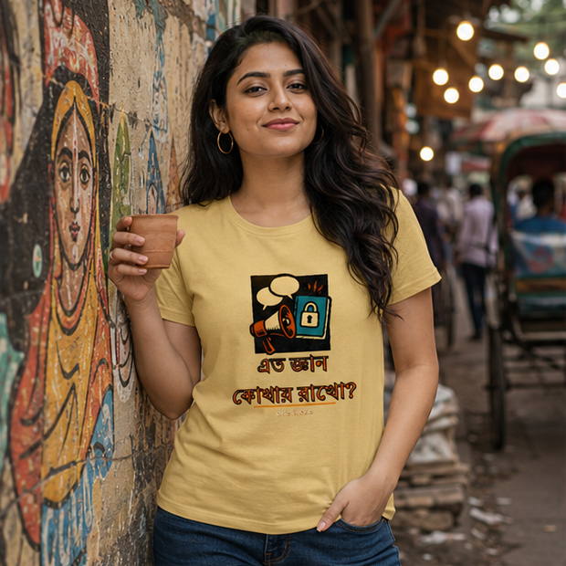 LUCE & SETE GPT mockup 1 - এত জ্ঞান কোথায় রাখো? Classic Graphic T-Shirt for Women | Bengali Typography Statement - 560_9393379279085_womens-classic-t-shirt-106_BENGALI_GRID_20260607_195024_01_row1_col1.png