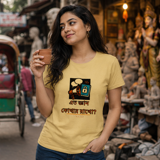 LUCE & SETE GPT mockup 1 - এত জ্ঞান কোথায় রাখো? Classic Graphic T-Shirt for Women | Bengali Typography Statement - 560_9393379279085_womens-classic-t-shirt-106_BENGALI_GRID_20260607_195024_02_row1_col2.png