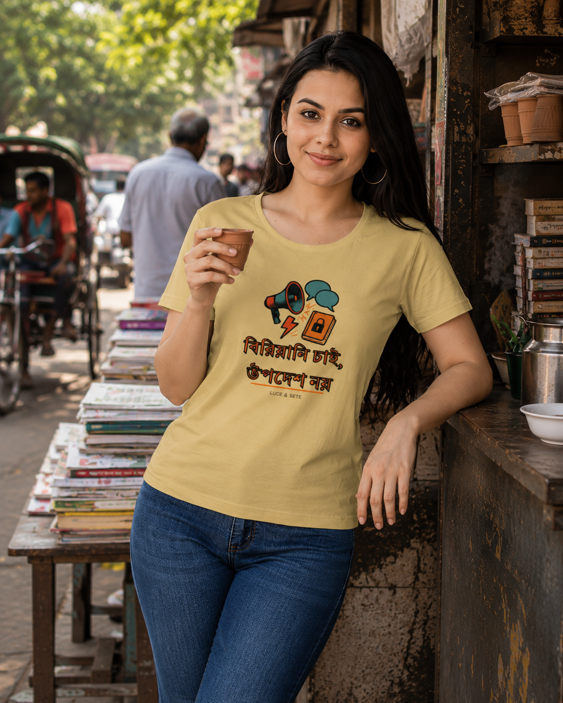 LUCE & SETE GPT mockup 1 - Biryani Chai Bengali Typography Classic Graphic T-Shirt for Women | Humorous Bengali Pride - 560_9393379705069_womens-classic-t-shirt-112_BENGALI_front_HERO_20260607_201527.png