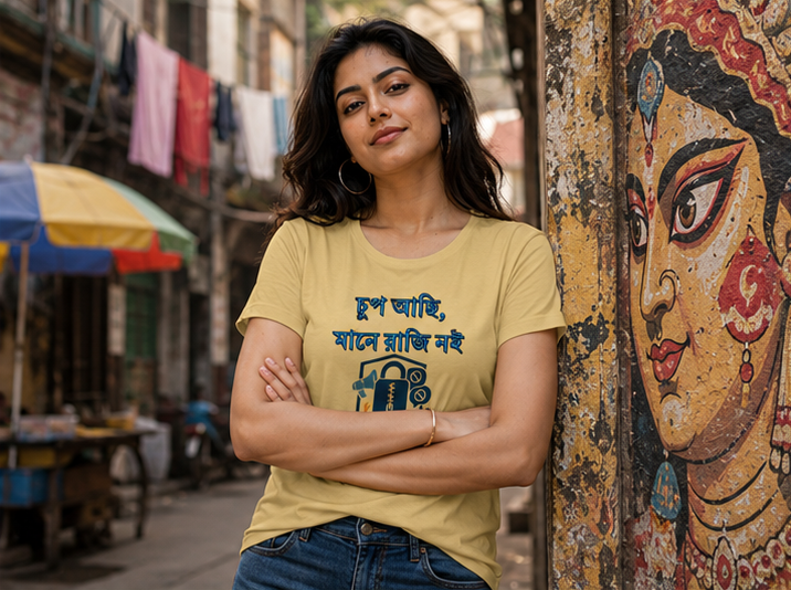 LUCE & SETE GPT mockup 1 - দুপ আছি মানে রাজি নাই Classic Graphic T-Shirt for Women | Bold Bengali Attitude - 562_9393370300653_womens-classic-t-shirt-96_BENGALI_GRID_20260607_183534_02_row1_col2.png