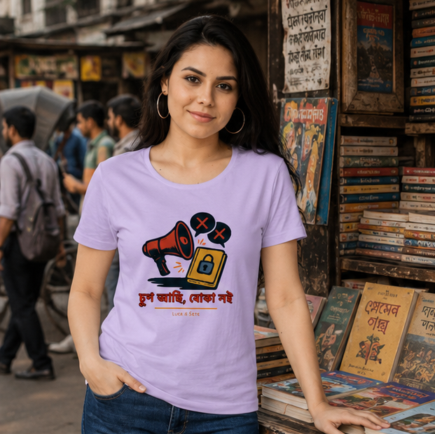 LUCE & SETE GPT mockup 1 - চুপ আছি, বোকার নাই Classic Graphic T-Shirt for Women | Bold Bengali Streetwear - 567_9393370202349_womens-classic-t-shirt-93_BENGALI_GRID_20260607_201647_02_row1_col2.png