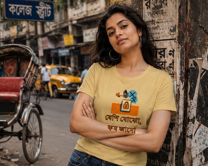 LUCE & SETE GPT mockup 1 - বেশি বোঝো কম জানো Classic Graphic T-Shirt for Women | Bengali Attitude T-Shirt - 575_9393370136813_womens-classic-t-shirt-92_BENGALI_GRID_20260607_184214_01_row1_col1.png