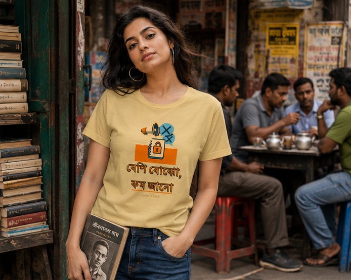 LUCE & SETE GPT mockup 1 - বেশি বোঝো কম জানো Classic Graphic T-Shirt for Women | Bengali Attitude T-Shirt - 575_9393370136813_womens-classic-t-shirt-92_BENGALI_GRID_20260607_184214_02_row1_col2.png