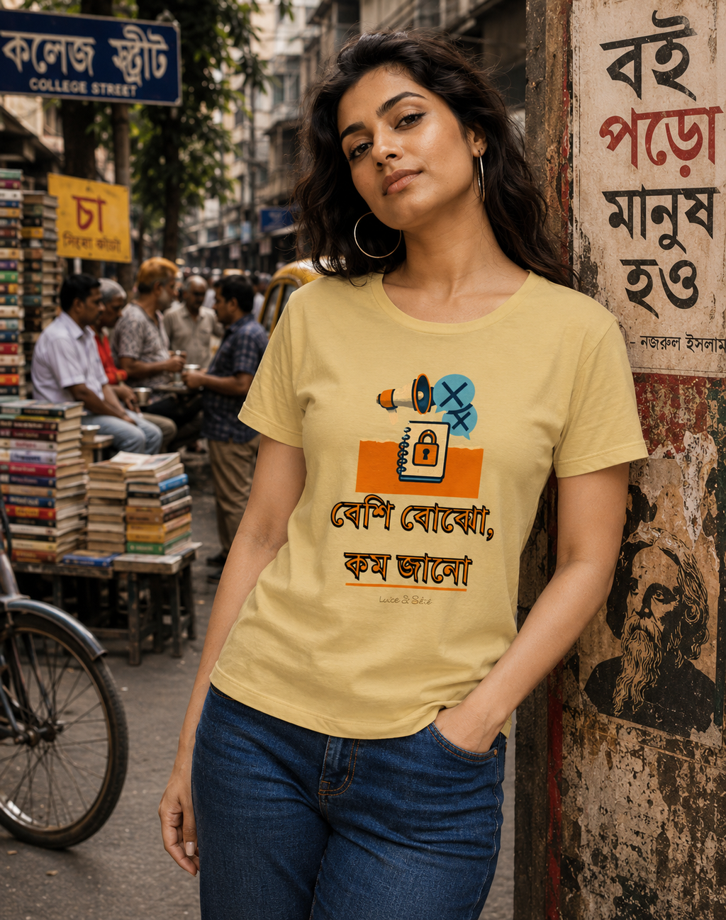 LUCE & SETE GPT mockup 1 - বেশি বোঝো কম জানো Classic Graphic T-Shirt for Women | Bengali Attitude T-Shirt - 575_9393370136813_womens-classic-t-shirt-92_BENGALI_front_HERO_20260607_184359.png