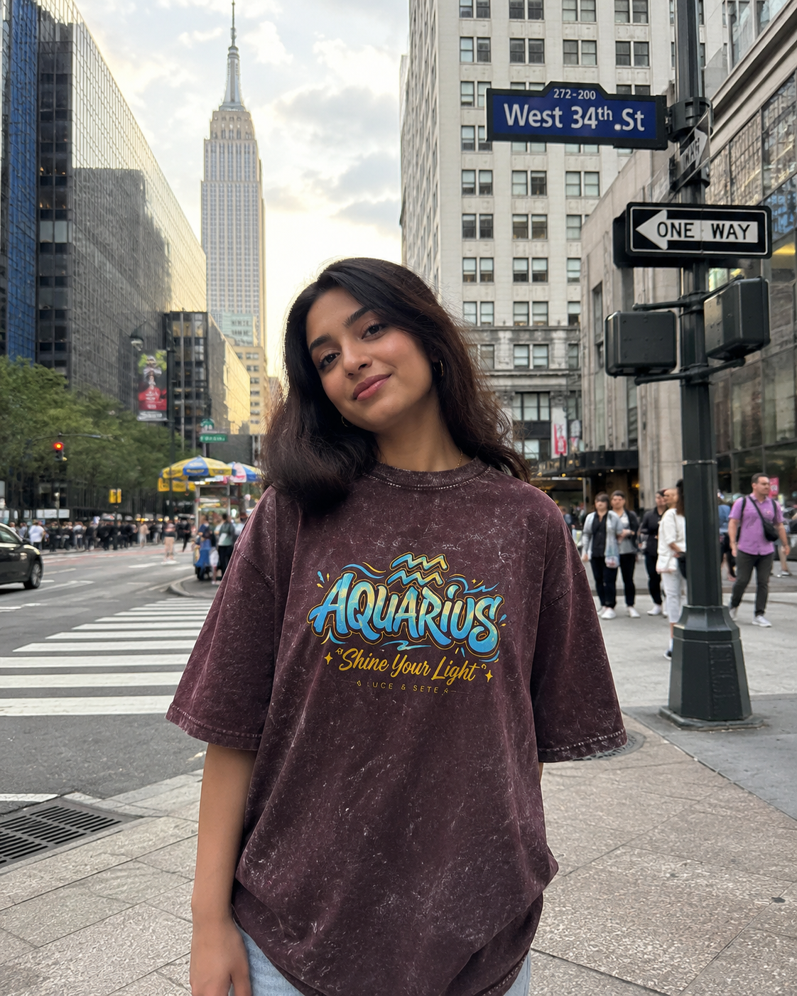 Aquarius Shine Your Light Acid Wash Oversized Graphic T-Shirt for Men & Women | Zodiac Streetwear