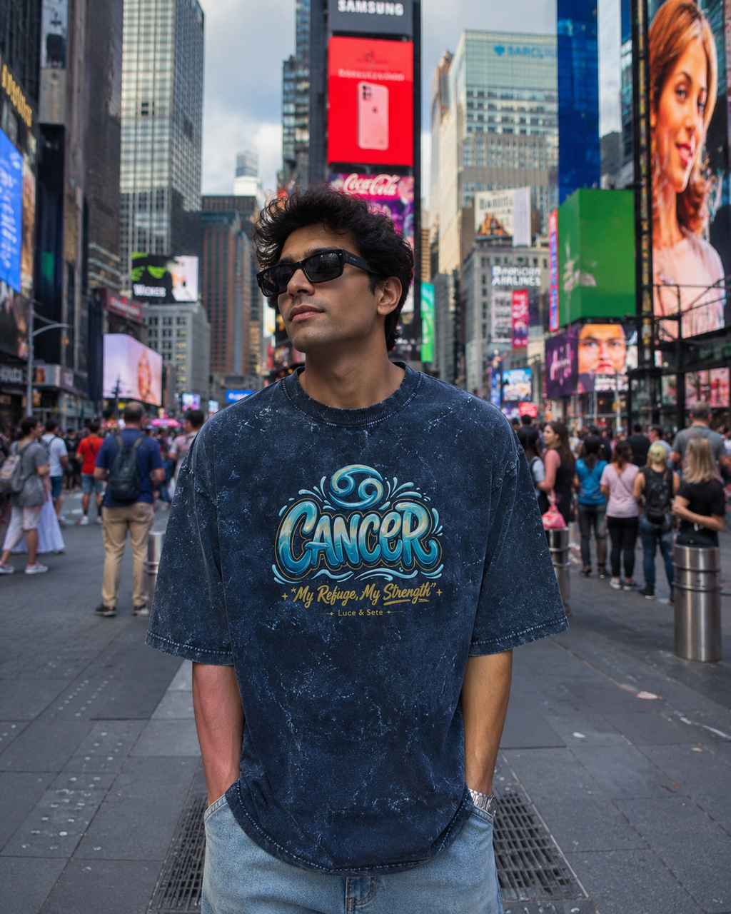 Cancer My Refuge My Strength Acid Wash Oversized Graphic T-Shirt for Men & Women | Zodiac Streetwear