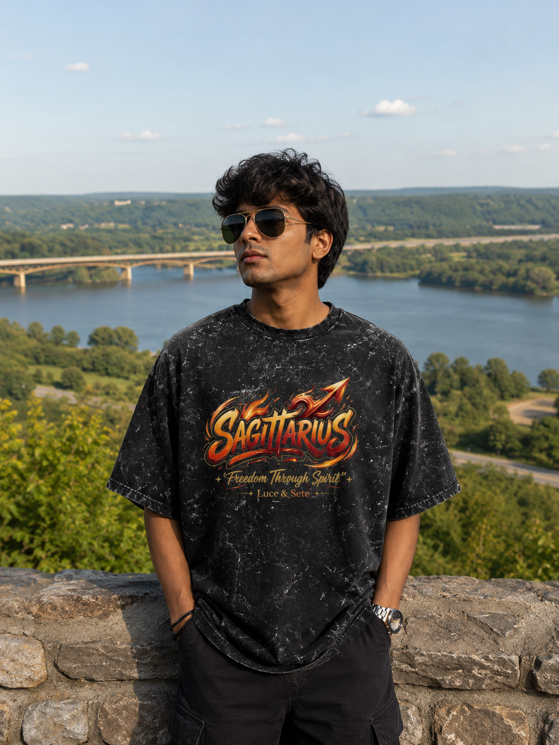 Sagittarius Fire Spirit Acid Wash Oversized Graphic T-Shirt for Men & Women | Zodiac Streetwear