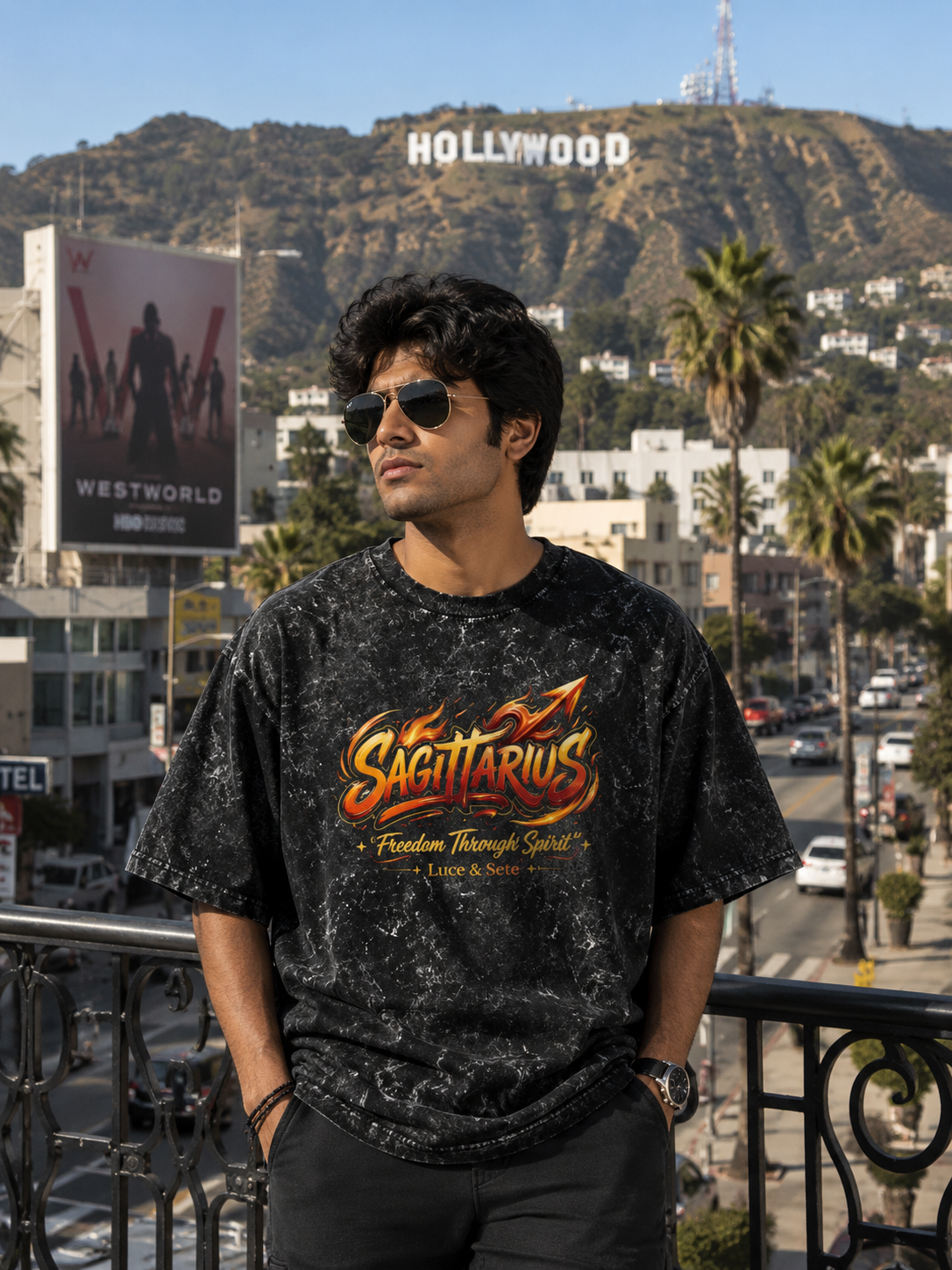 Sagittarius Fire Spirit Acid Wash Oversized Graphic T-Shirt for Men & Women | Zodiac Streetwear