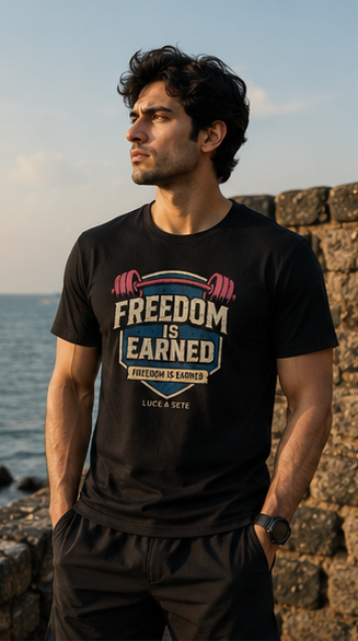 LUCE & SETE GPT mockup 1 - Freedom Is Earned Graphic T-Shirt for Men & Women | Empowerment Streetwear - mockup_001_01_row1_col1_ChatGPT Image May 28, 2026, 11_19_35 PM.png