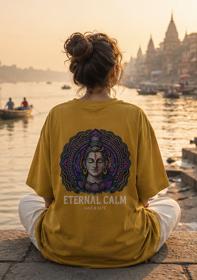 Oversized Mustard Yellow Eternal Calm Spiritual Graphic Oversized T-Shirt for Men & Women | Meditative Streetwear
