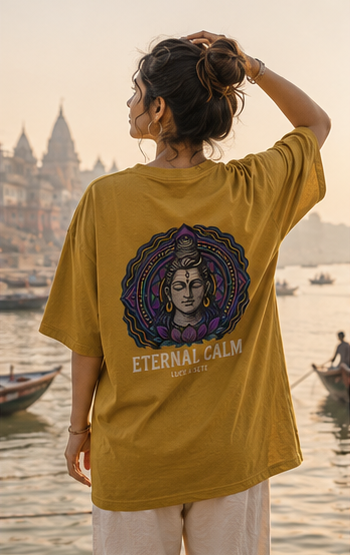 Oversized Mustard Yellow Eternal Calm Spiritual Graphic Oversized T-Shirt for Men & Women | Meditative Streetwear