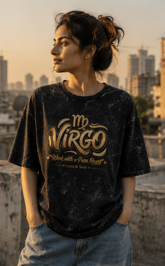 Virgo Work with a Pure Heart Acid Wash Oversized Graphic T-Shirt for Men & Women | Zodiac Streetwear