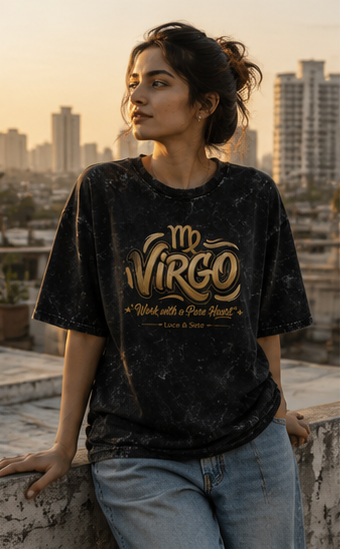 Virgo Work with a Pure Heart Acid Wash Oversized Graphic T-Shirt for Men & Women | Zodiac Streetwear