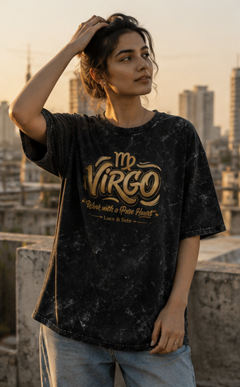 Virgo Work with a Pure Heart Acid Wash Oversized Graphic T-Shirt for Men & Women | Zodiac Streetwear