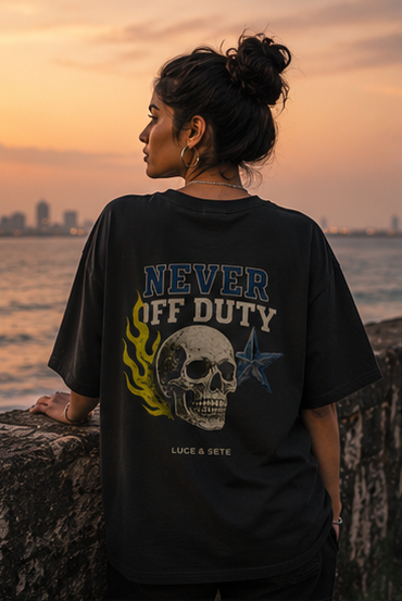 Never Off Duty Skull Oversized Graphic T-Shirt for Men & Women | Empowerment Streetwear