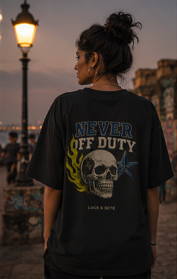 Never Off Duty Skull Oversized Graphic T-Shirt for Men & Women | Empowerment Streetwear