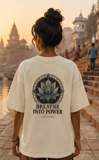 Oversized Statement T-Shirt with Lotus Mandala & Breathe Into Power Quote for Men & Women | Spiritual Streetwear