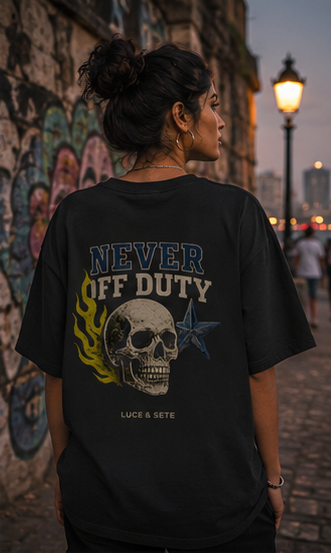 Never Off Duty Skull Oversized Graphic T-Shirt for Men & Women | Empowerment Streetwear