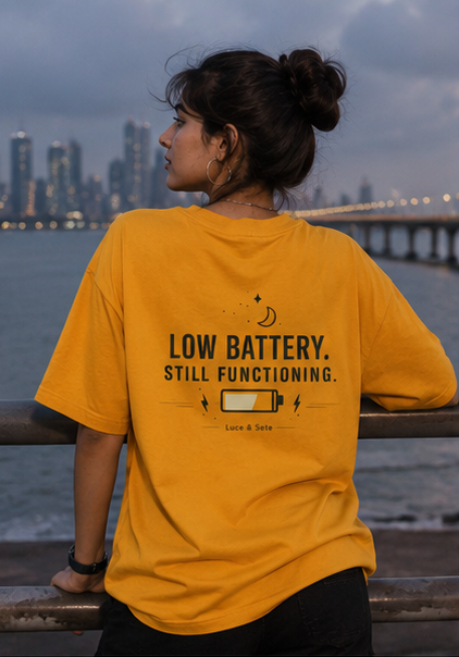 LUCE & SETE GPT mockup 1 - Low Battery Energy, Still Going Strong Oversized Statement | LUCE & SETE - mockup_007_01_row1_col1_ChatGPT Image May 27, 2026, 11_20_18 AM.png