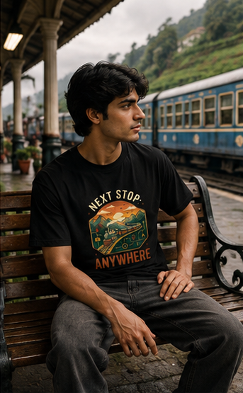 Next Stop Anywhere Vintage Train Adventure Premium Graphic T-Shirt for Men & Women | Travel Streetwear