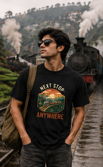 Next Stop Anywhere Vintage Train Adventure Premium Graphic T-Shirt for Men & Women | Travel Streetwear