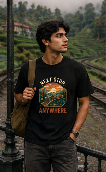 Next Stop Anywhere Vintage Train Adventure Premium Graphic T-Shirt for Men & Women | Travel Streetwear