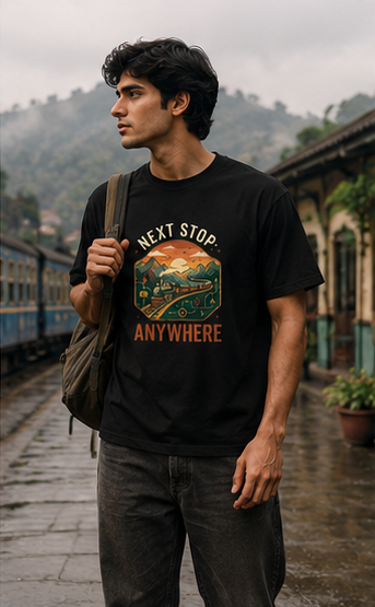 Next Stop Anywhere Vintage Train Adventure Premium Graphic T-Shirt for Men & Women | Travel Streetwear
