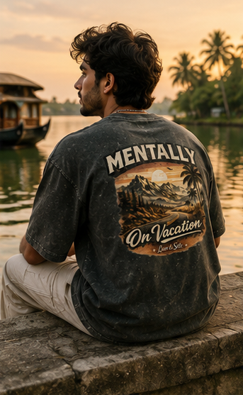 Mentally On Vacation Oversized Acid Wash Graphic T-Shirt for Men & Women | Travel Freedom Streetwear