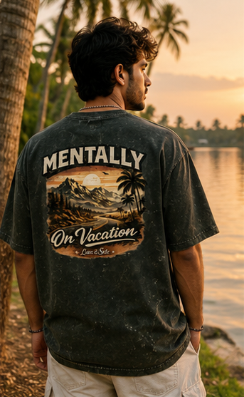 Mentally On Vacation Oversized Acid Wash Graphic T-Shirt for Men & Women | Travel Freedom Streetwear