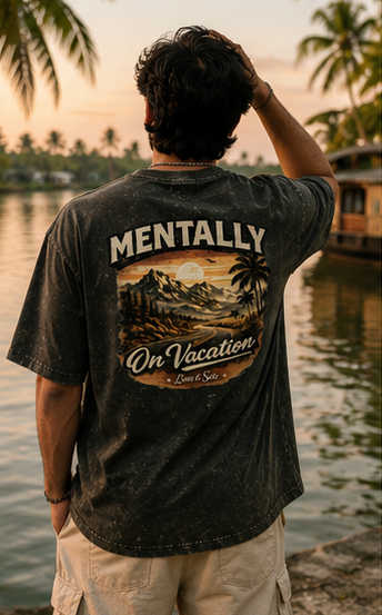 Mentally On Vacation Oversized Acid Wash Graphic T-Shirt for Men & Women | Travel Freedom Streetwear