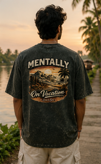 Mentally On Vacation Oversized Acid Wash Graphic T-Shirt for Men & Women | Travel Freedom Streetwear